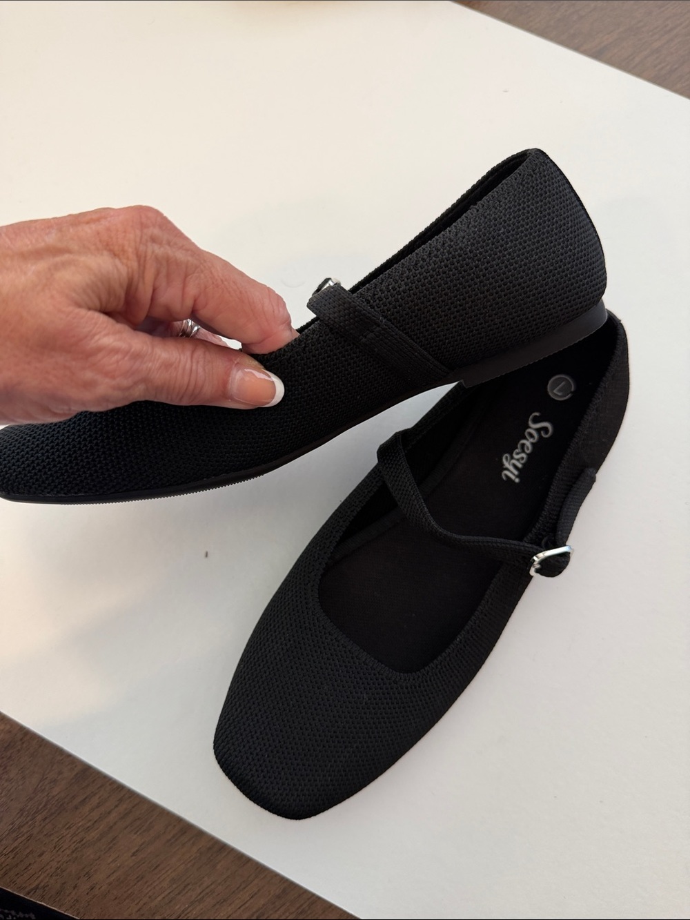 Black Mary Jane Knit Flats with Adjustable Strap - Picture 4 of 6